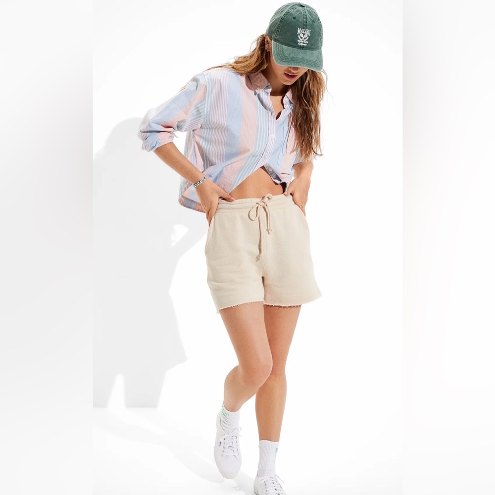 American Eagle Women’s Button Up Cotton Orange Blue Relaxed Cropped Shirt Size M